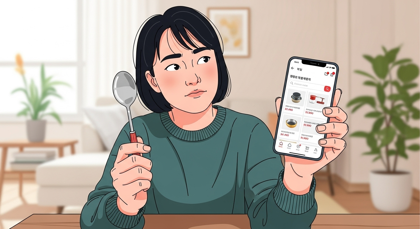 은수저를 들고 고민하는 모습