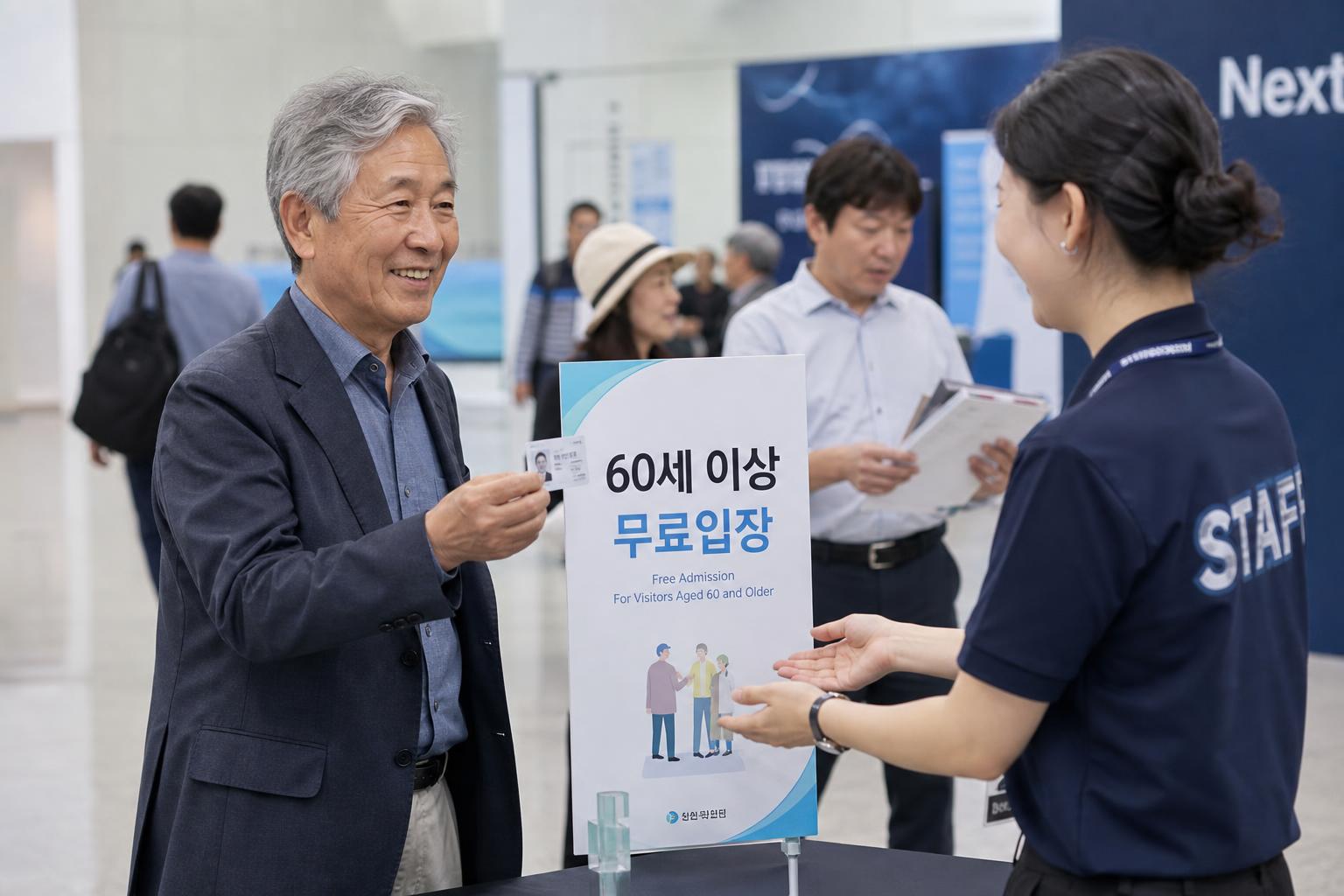 전시회 입구에서 신분증을 제시하는 노년 남성