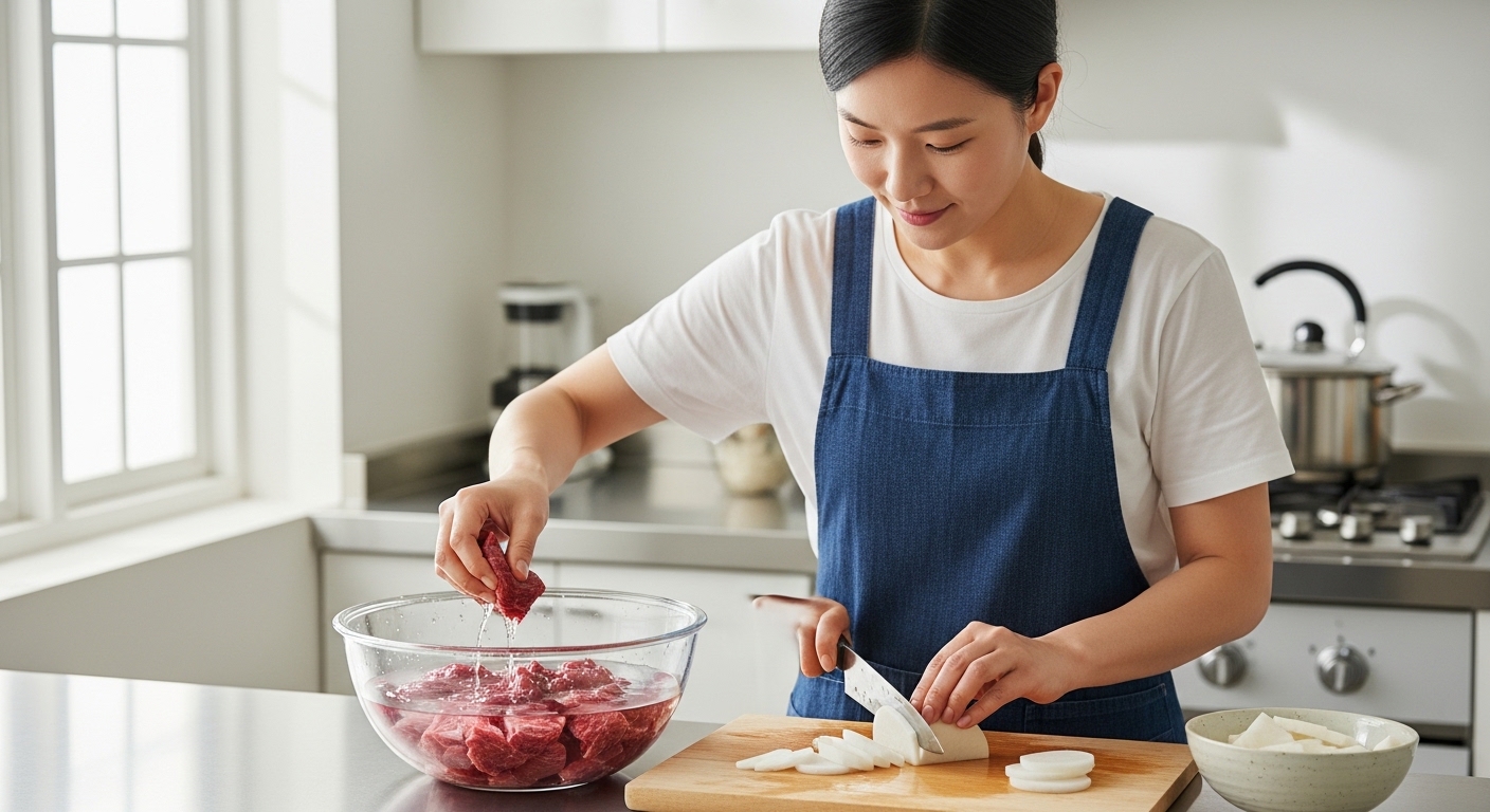 소고기무국 재료 준비 및 전처리 과정