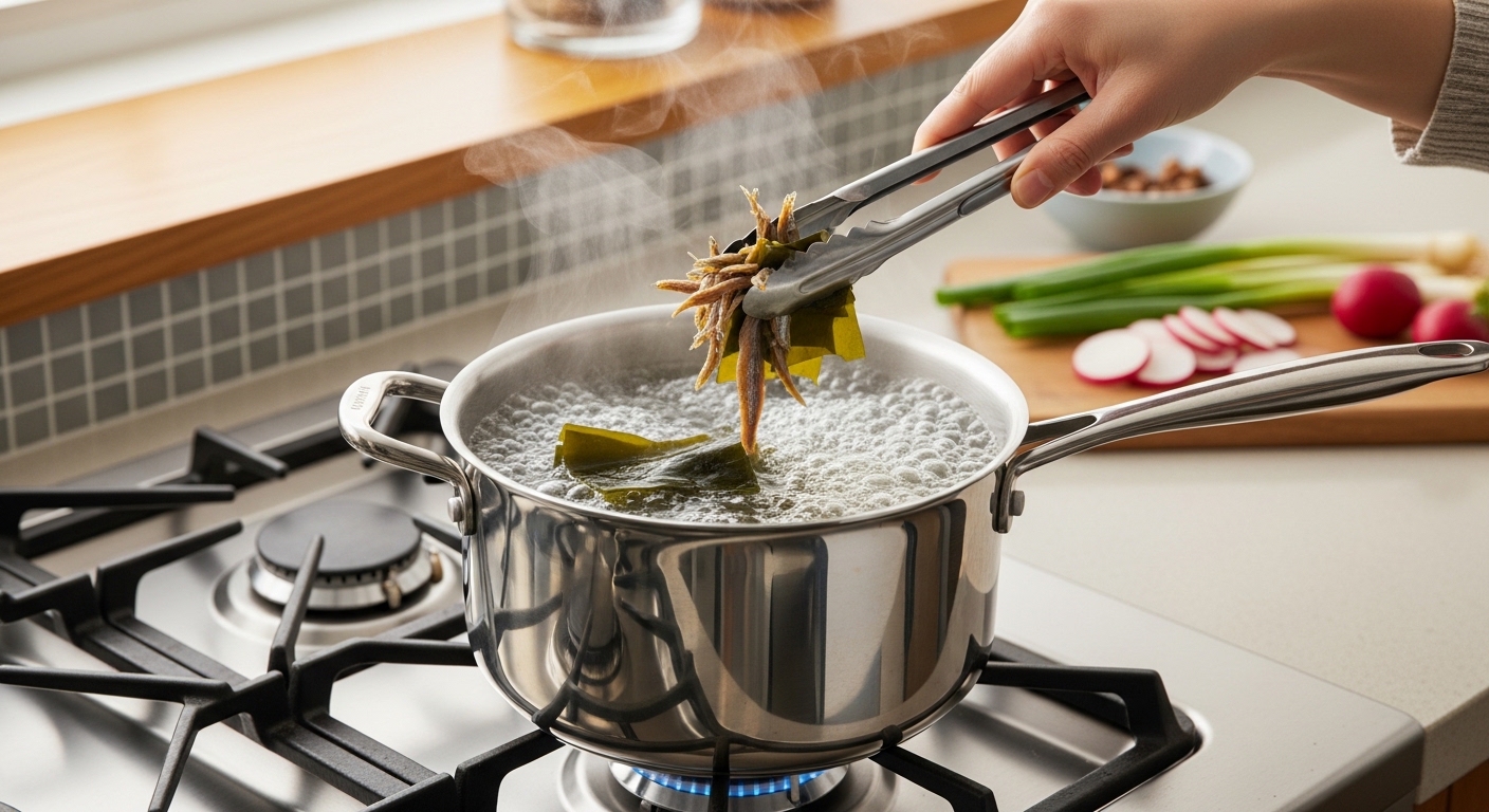 육수 내기: 구수한 국물의 기반 마련