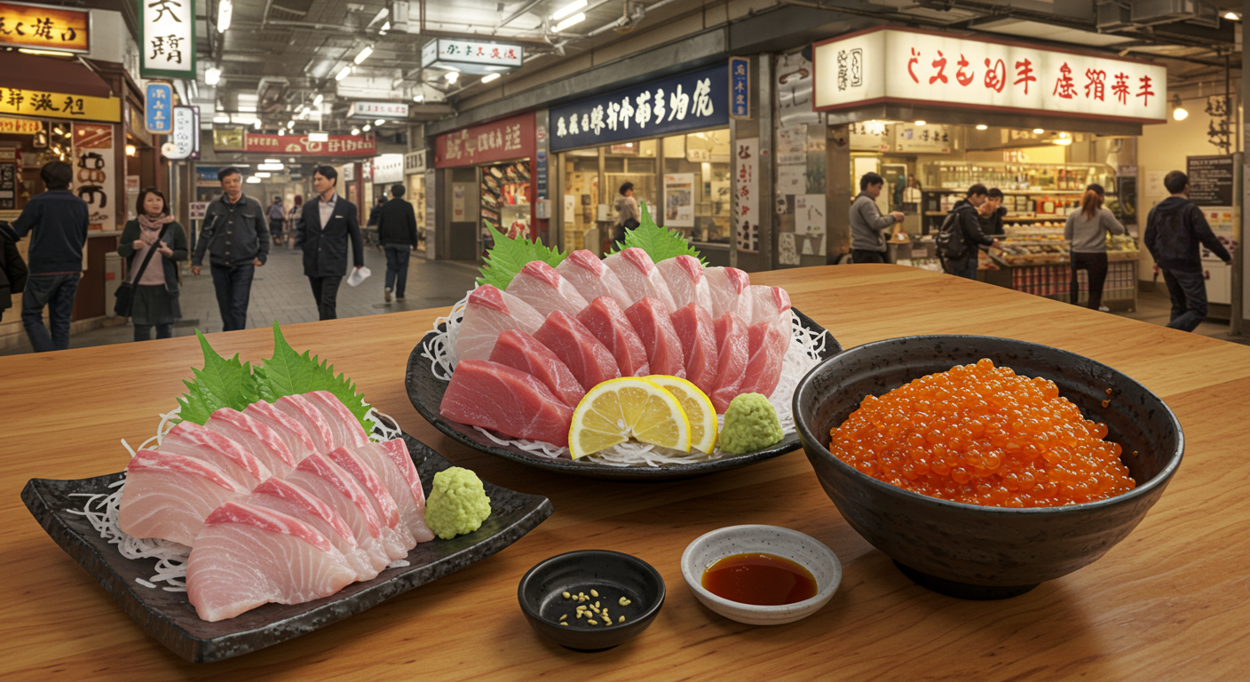 텐진 지하상가 인기 맛집, 신선한 해산물과 멘타이코!