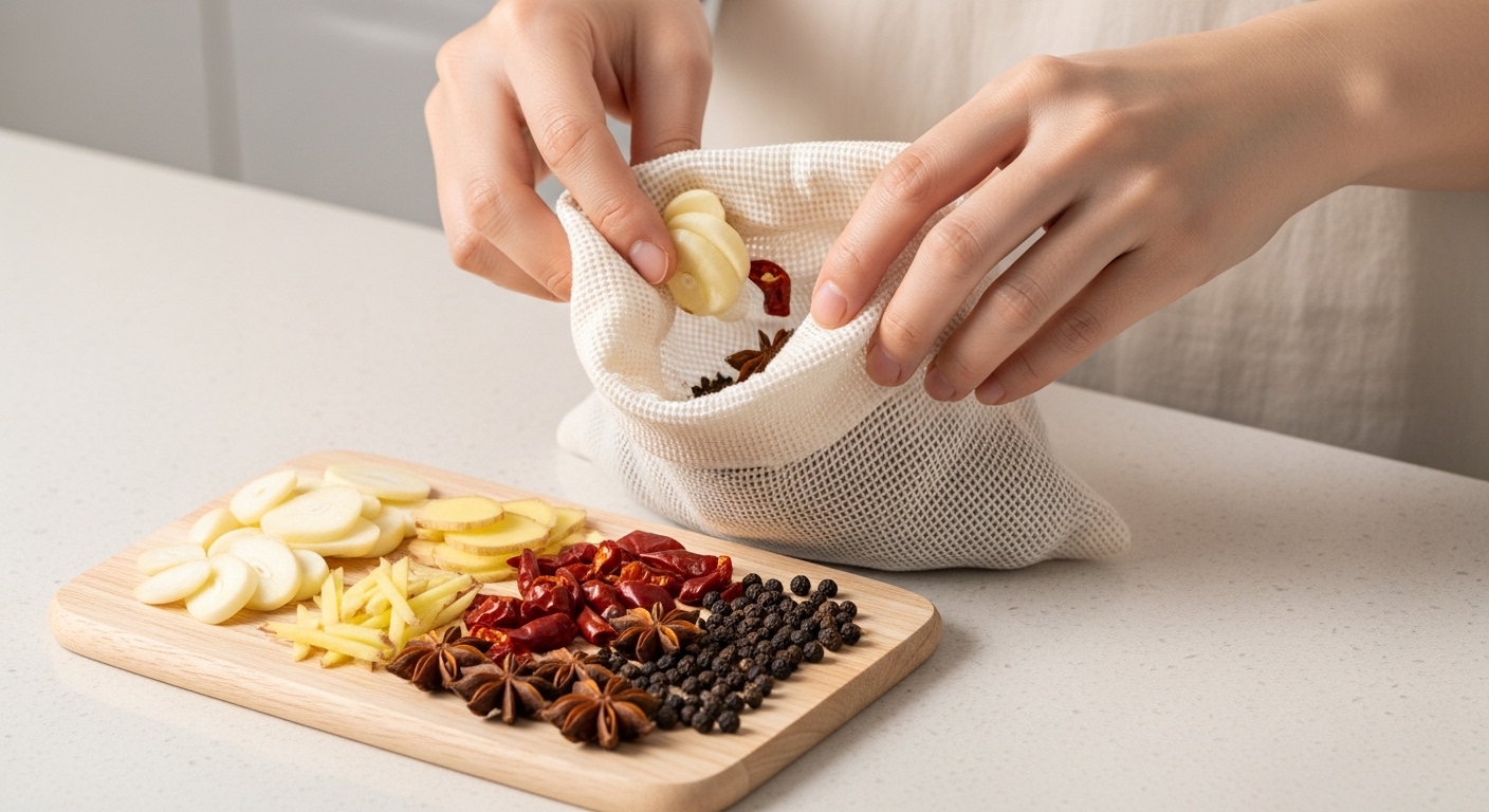 맑은 국물의 비결, 양념 재료 손질과 면주머니 활용!