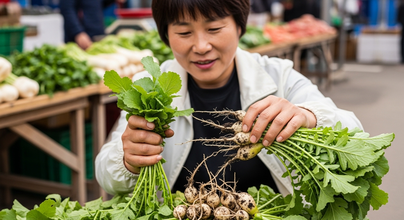 신선한 알타리무 5단 고르기부터 시작해요!