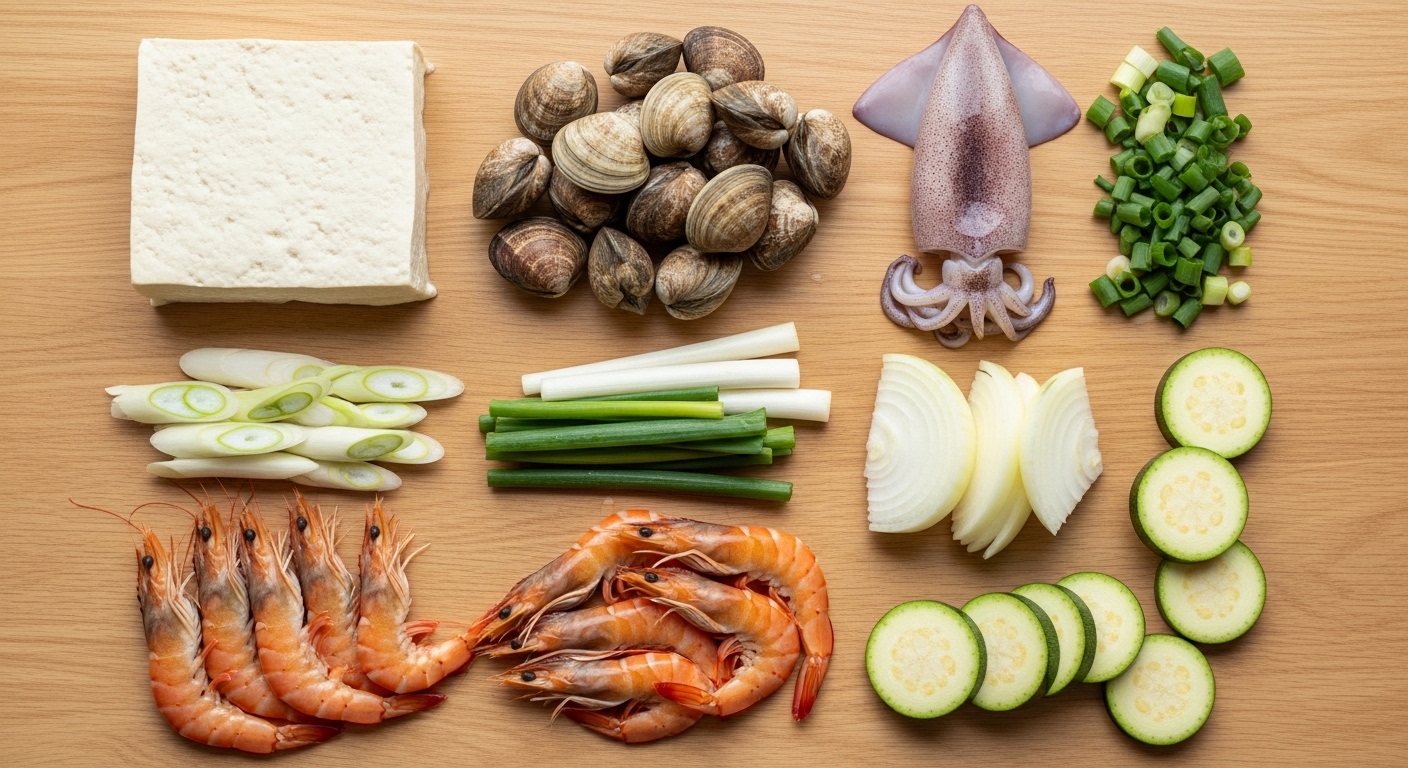 대표 재료 구성: 순두부, 해물, 채소, 양념의 기본 조합