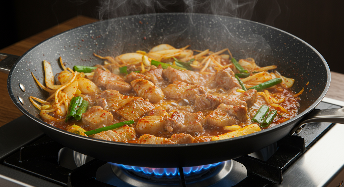 팬에 볶는 특별한 기술, 불 맛의 비법!
