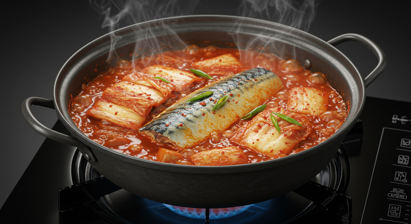 꽁치와 육수를 넣고 보글보글 끓여요!