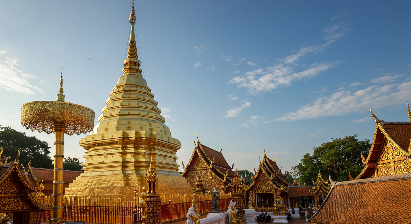 하늘 위 황금빛 도이수텝과 고요한 사원들