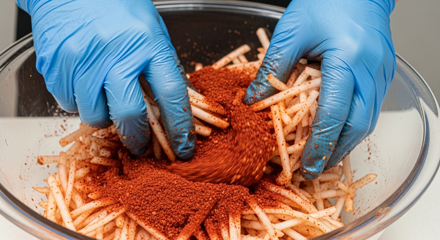 무생채 색감 살리기: 고춧가루 버무리는 황금팁