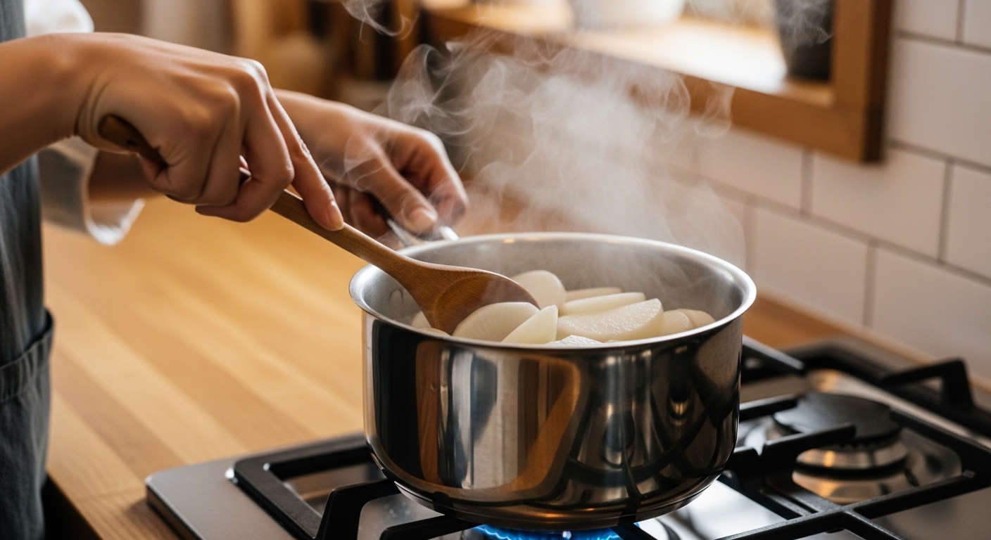 깊은 맛의 시작! 육수 준비와 무 볶기