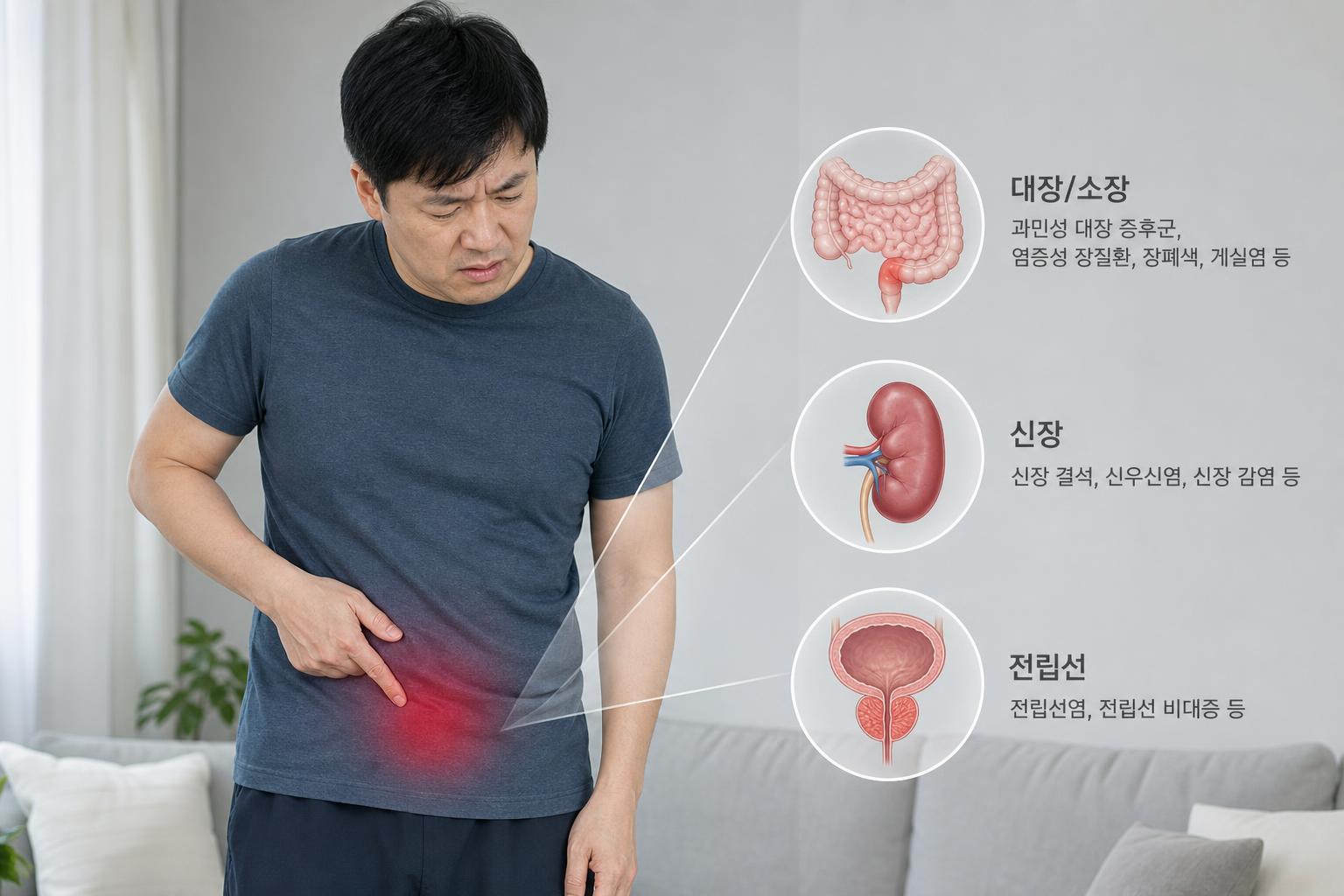 왼쪽 아랫배 통증의 원인 장기를 가리키는 남자