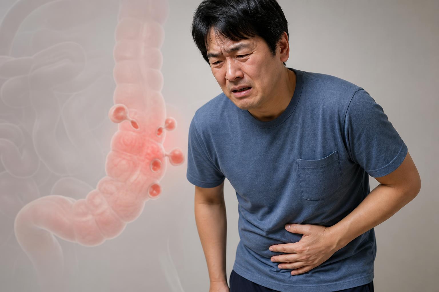 왼쪽 아랫배 통증으로 괴로워하는 남자