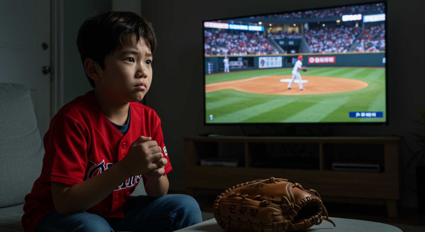 야구 경기를 보며 궁금해하는 어린이 팬