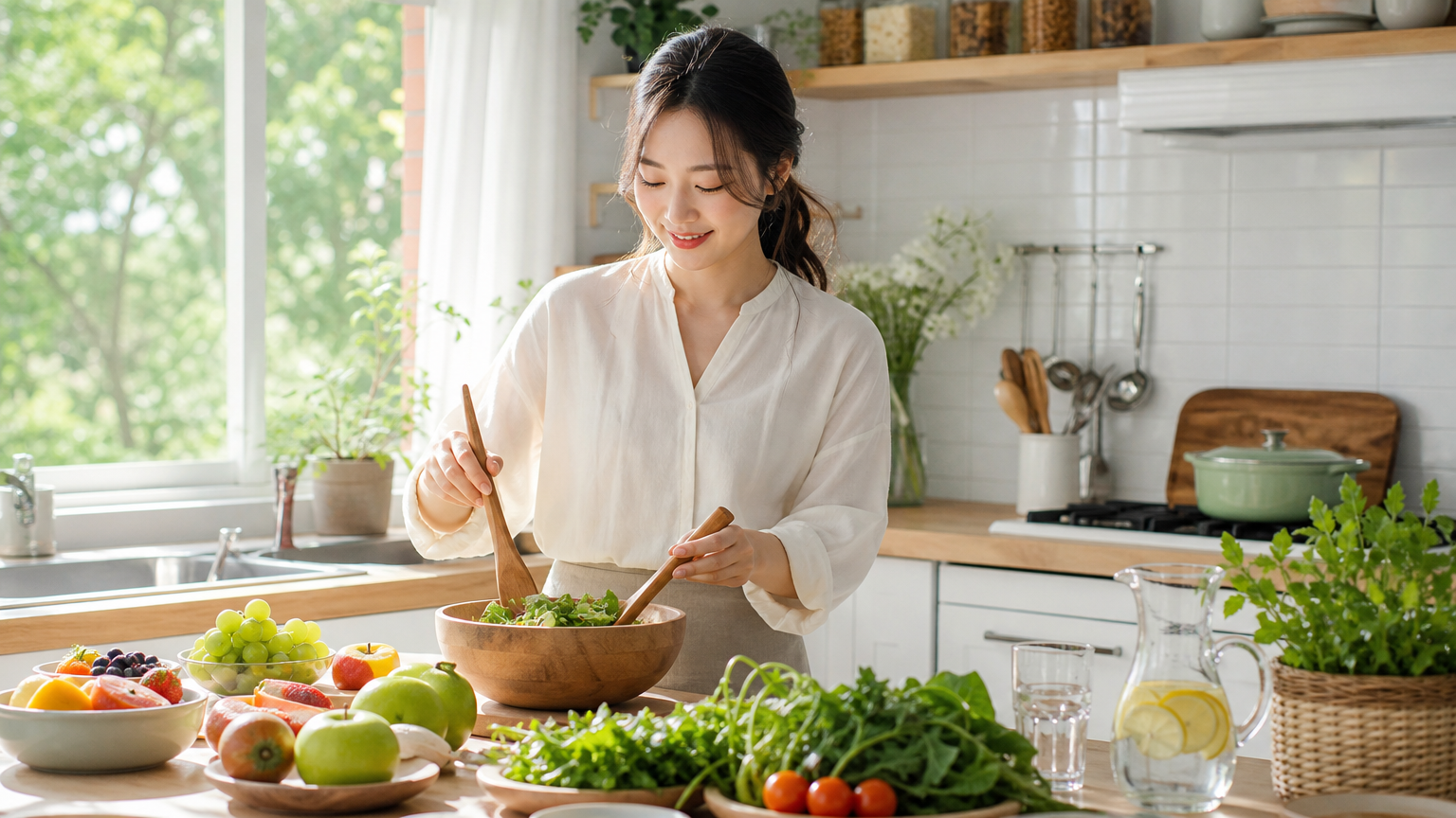 현대식 주방에서 제철 과일과 채소로 요리를 준비하는 여성의 모습