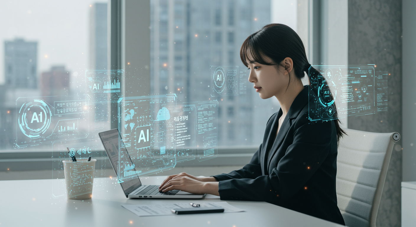젊은 직장 여성이 사무실에서 노트북을 사용하며 AI 글쓰기 도구를 활용하는 장면