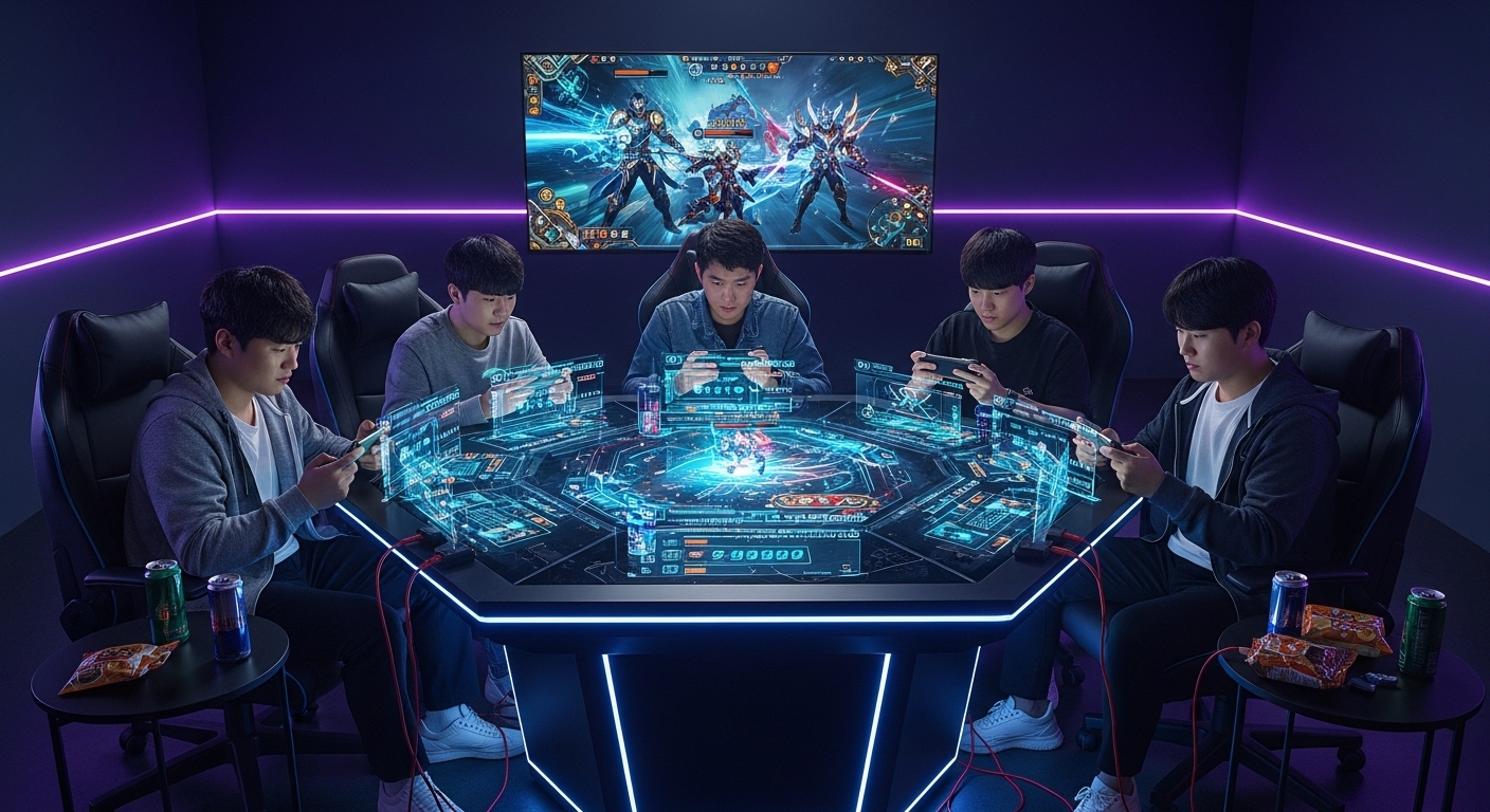 한국 게이머들이 몰입하여 모바일 게임을 하는 모습과 미래 지향적인 디지털 환경