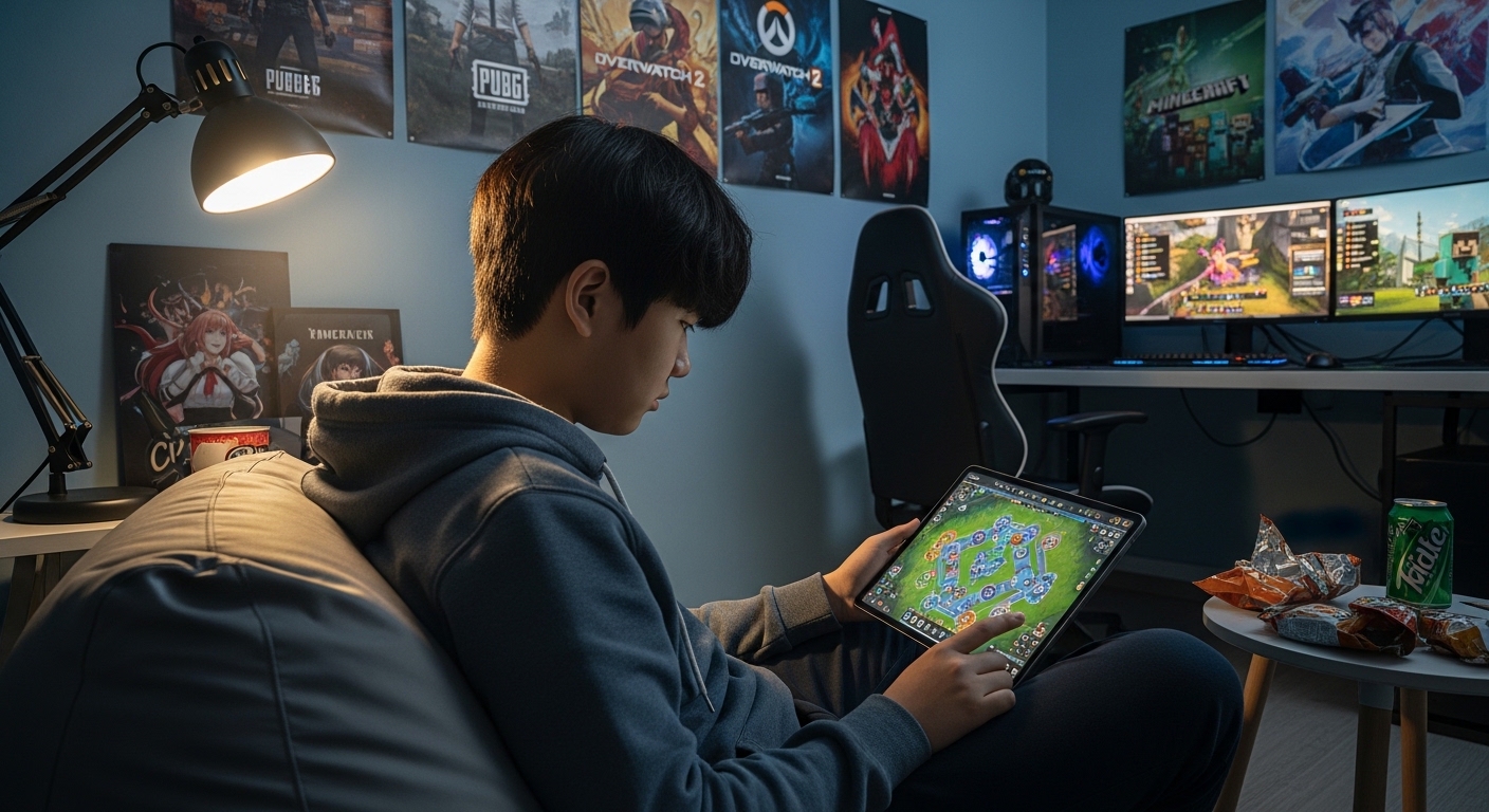 방에서 태블릿으로 게임 전략을 공부하는 한국의 청소년