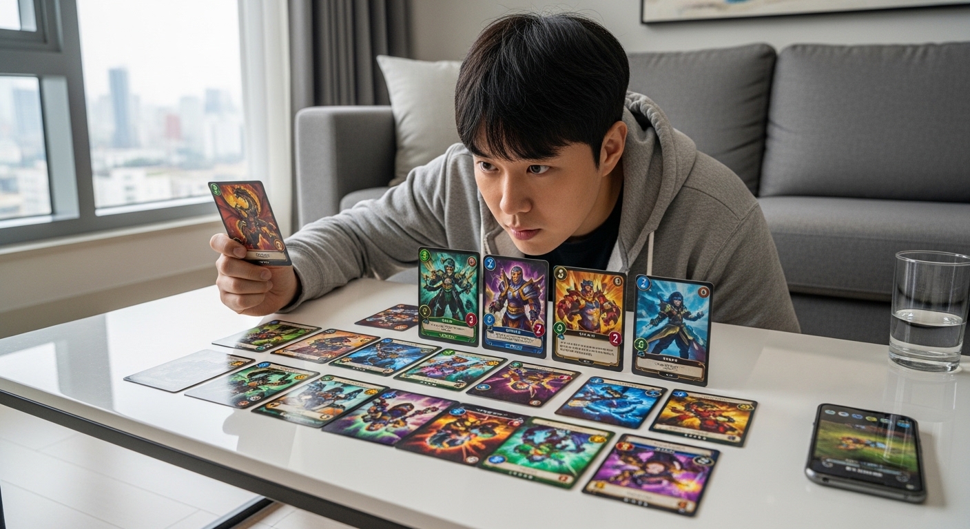 현대 아파트에서 게임 캐릭터 카드를 분석하는 장면