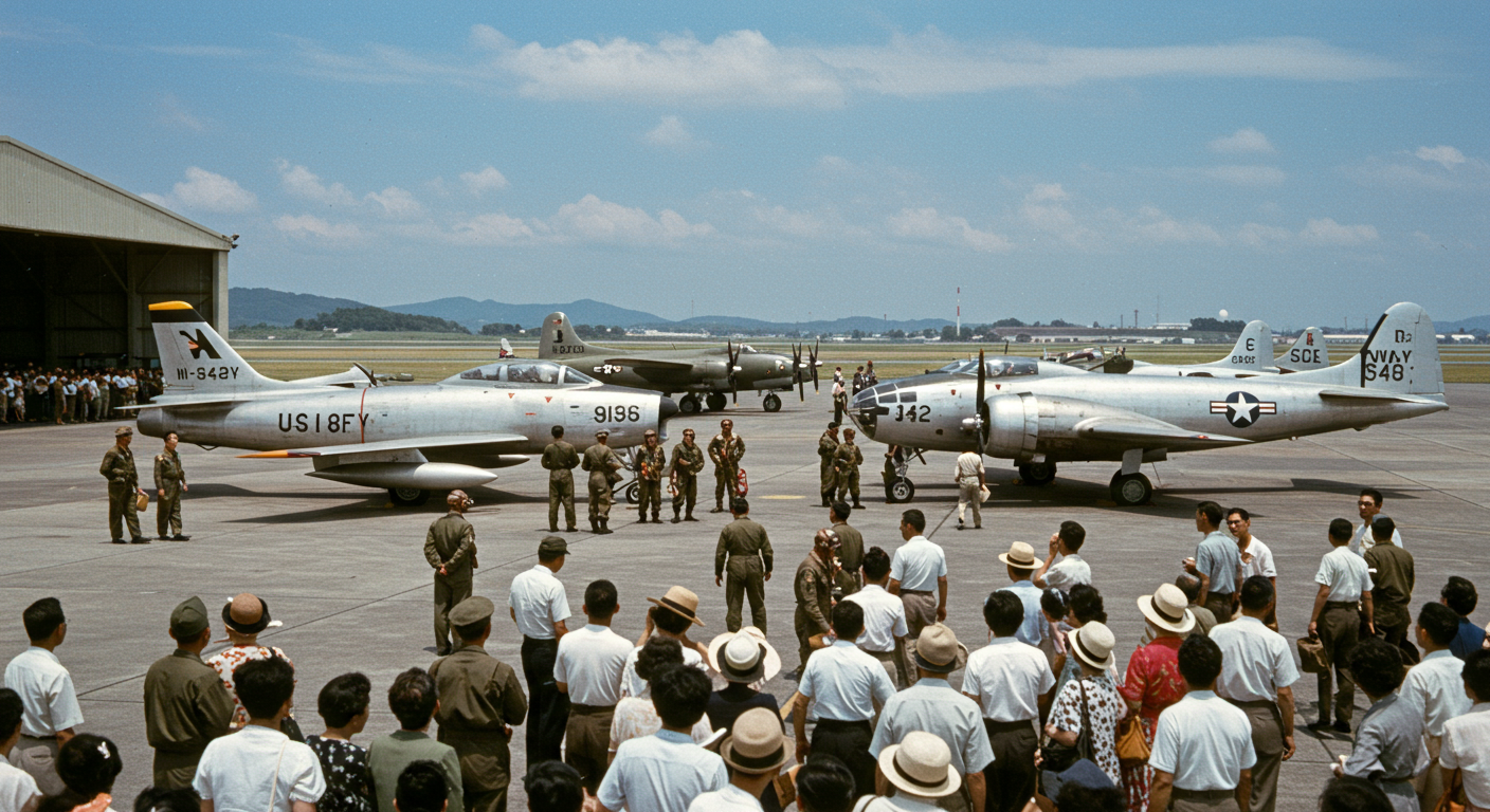 1950년대 오산비행장의 빈티지 항공기와 이를 관람하는 군인 및 민간인의 모습