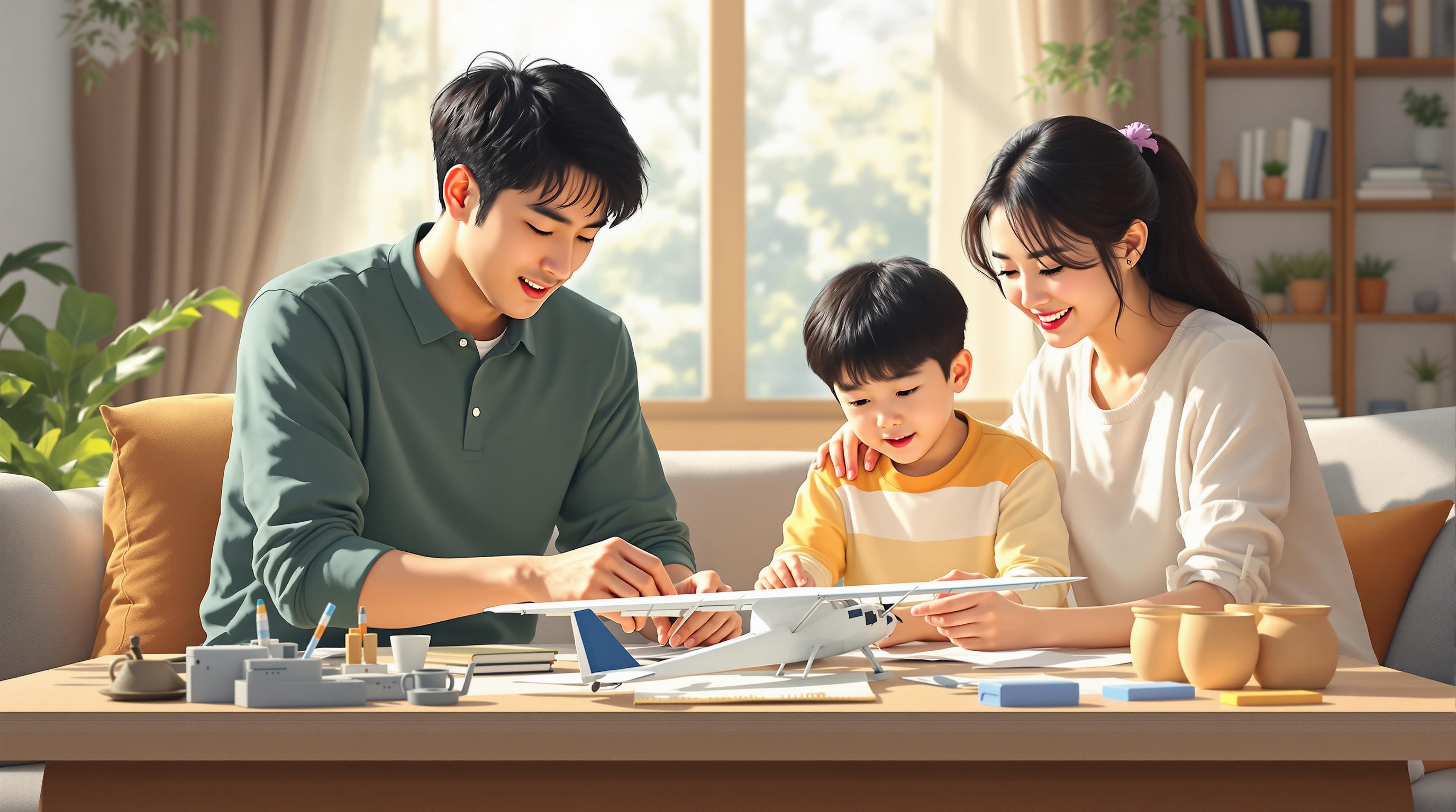 모델 비행기 제작 및 비행 시뮬레이션 같은 활동에 참여하는 가족들의 모습