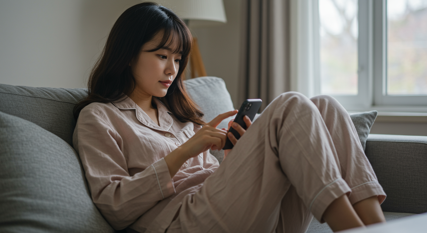 집에서 스마트폰 앱을 사용하는 젊은 여성이 편안하게 누워 있는 모습