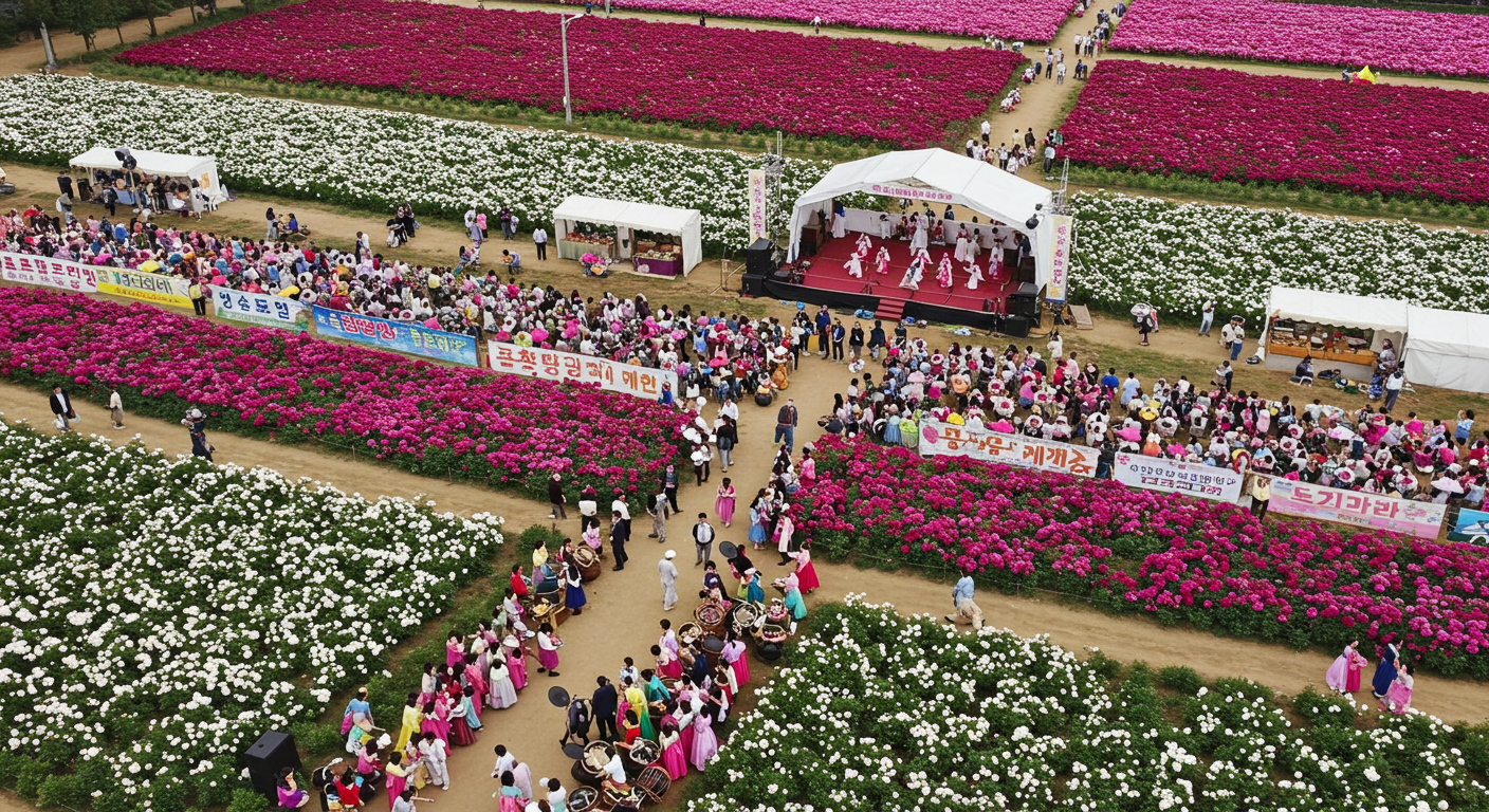 만개한 작약꽃 밭과 함께 펼쳐진 영천 전경과 축제 활동