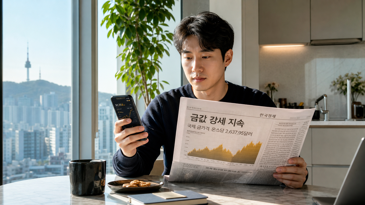 현대적인 서울 아파트에서 신문과 스마트폰으로 금 시세를 확인하는 남성