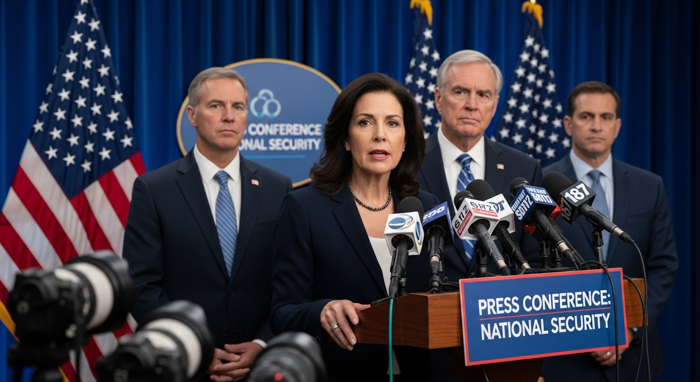 미국 정부 관리들이 중국 통신 기기의 보안 위협에 대해 기자회견을 하고 있는 모습