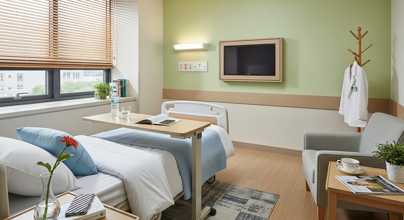 짧은 입원을 위한 필수품들이 놓여 있는 한국 병실 모습