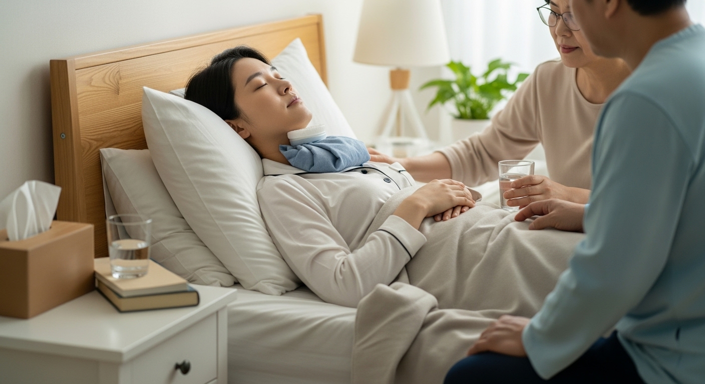 집에서 아이스팩을 목에 얹고 회복 중인 한국 환자와 돌봐주는 가족 모습