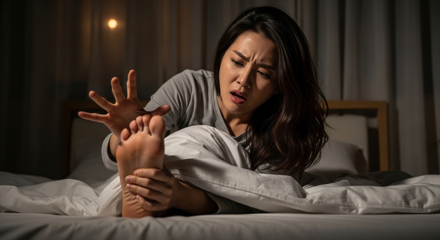 한 여성이 갑작스런 발바닥 쥐로 인해 침대에서 놀라 깨어난 모습
