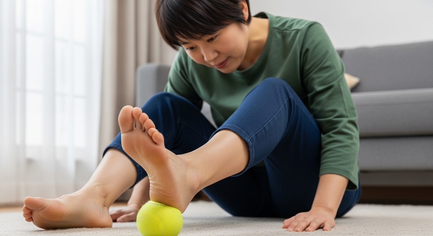 테니스 공을 이용하여 바닥에서 발 아치를 마사지하는 모습