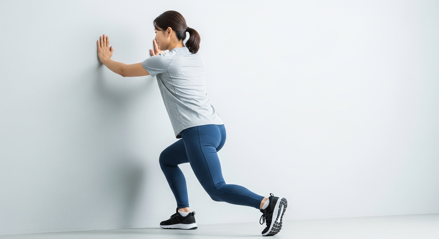 벽에 기대어 종아리를 스트레칭하며 발바닥 경련을 완화하려는 모습