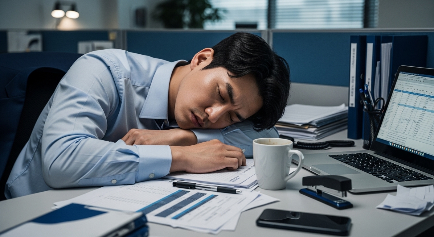 사무실에서 졸린 표정으로 책상에 엎드린 남성