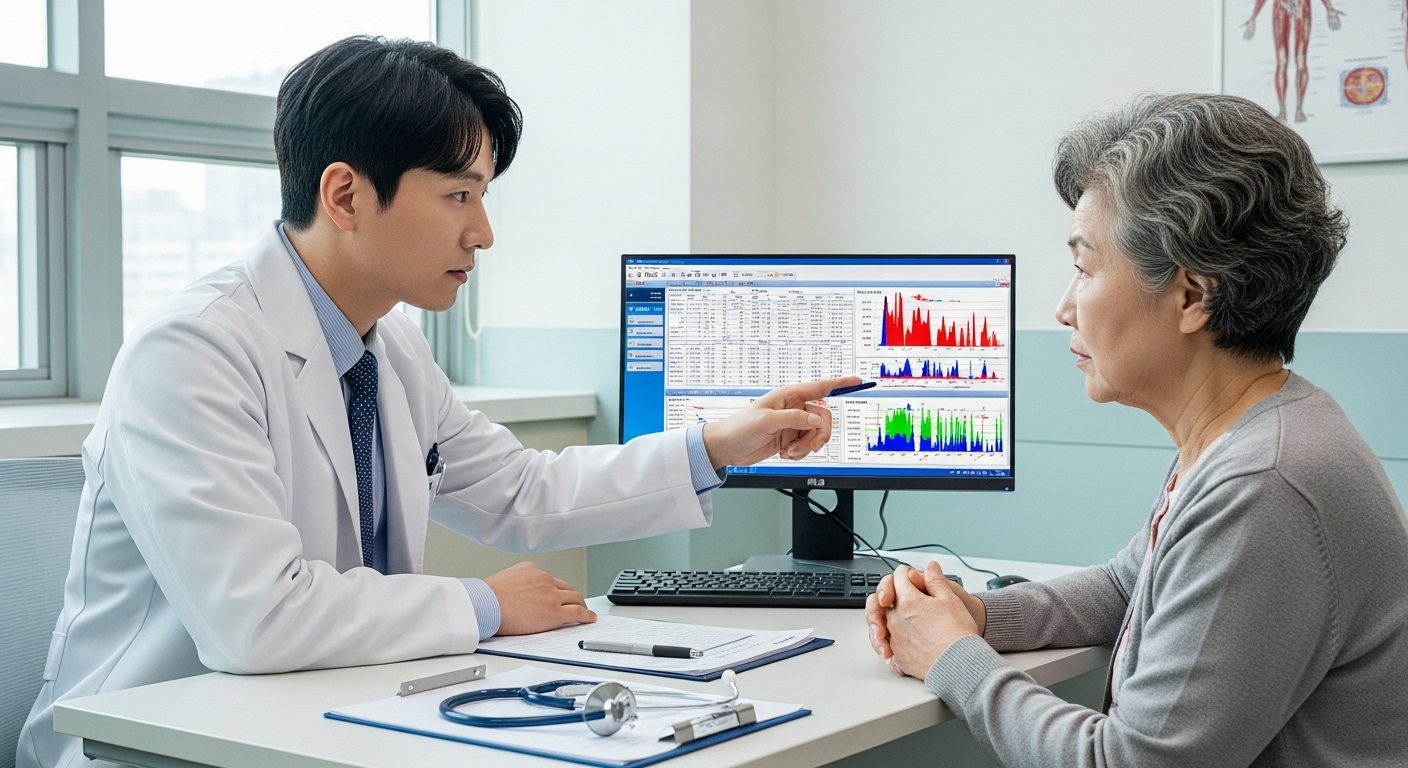 병원 진료실에서 검사 결과를 확인하는 의사와 노인 환자