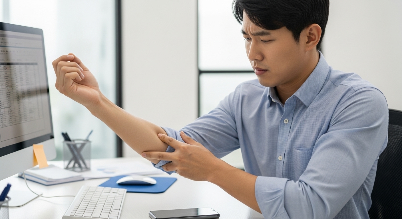 컴퓨터와 스마트폰 옆에서 손목 통증으로 전완근을 마사지하는 한국 직장인