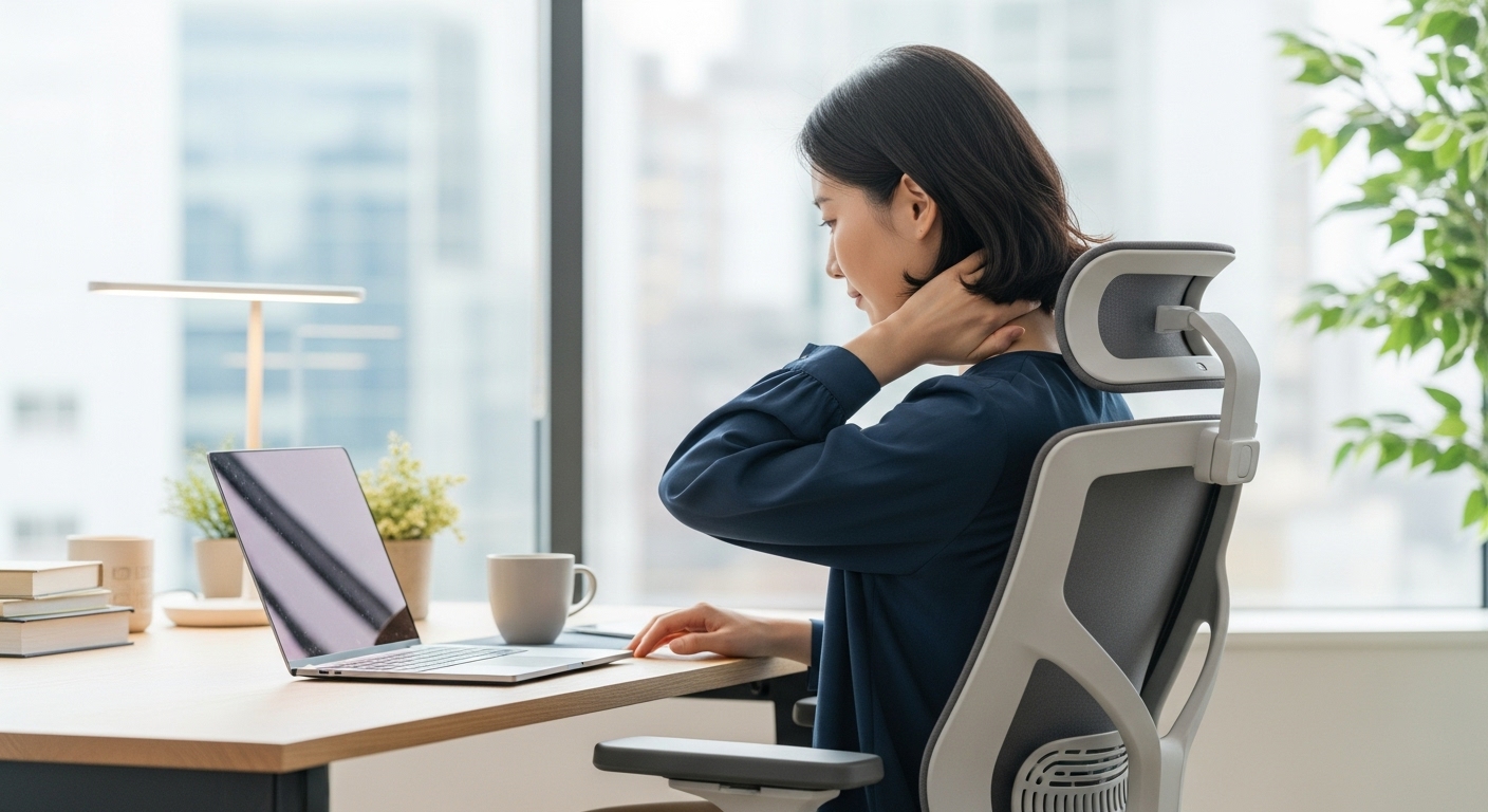 사무실에서 노트북 작업 중 의자에 앉아 목을 마사지하는 젊은 여성