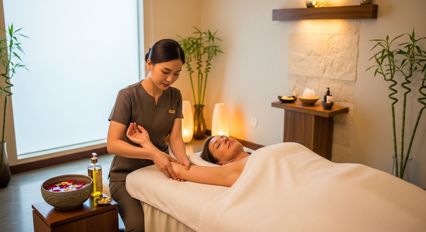 현대적인 스파에서 고객에게 고급 마사지를 시연하는 마사지사의 모습