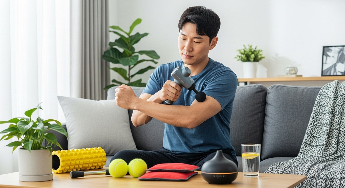 집에서 여러 셀프케어 도구를 사용하여 전완근에 마사지건을 사용하는 남성