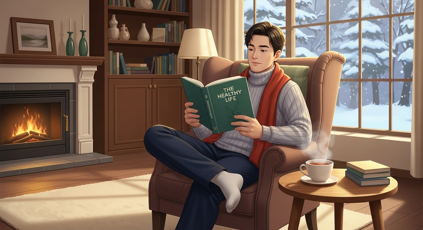 따뜻한 거실에서 차를 마시며 건강 책을 읽고 있는 남성