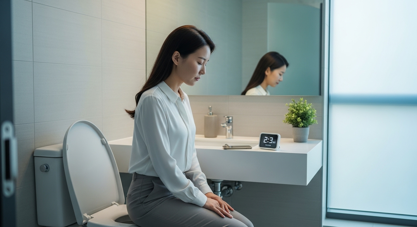 화장실에서 스마트폰을 내려놓고 타이머를 설정한 직장인의 모습