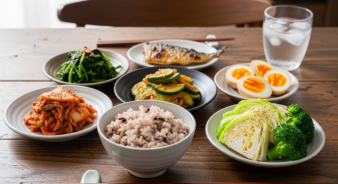 브로콜리와 양배추 등 채소가 포함된 건강한 식단과 물 한 잔