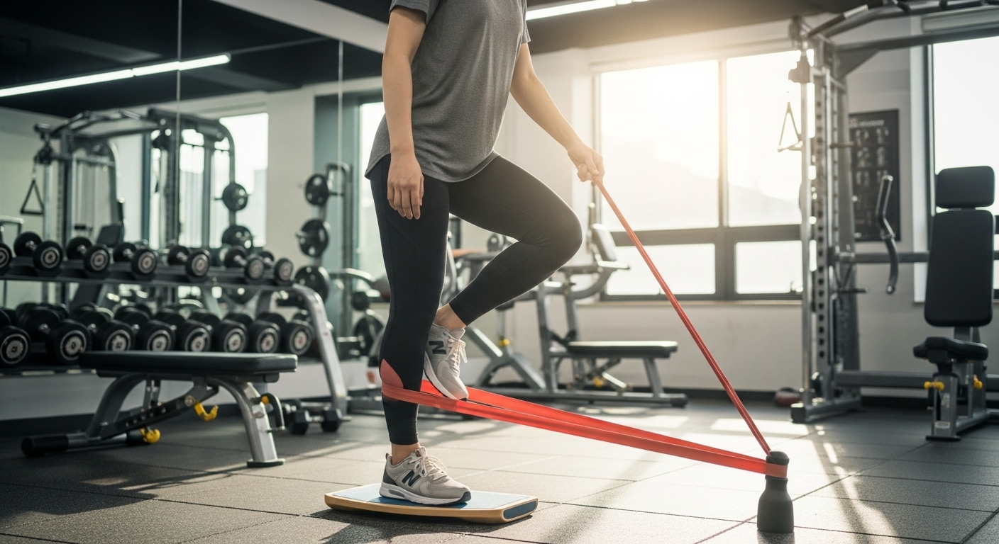 체육관에서 저항 밴드를 사용해 균형 훈련하는 모습