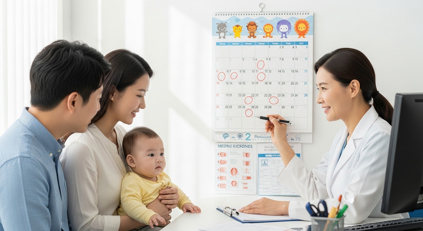 소아과 의사가 어린 자녀를 둔 가족에게 접종 일정을 설명하는 모습