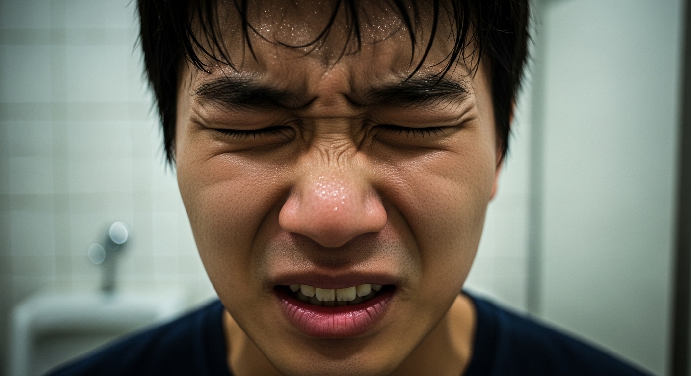 화장실에서 배뇨 시 고통을 느끼는 젊은 한국 남자의 근접 얼굴 표정