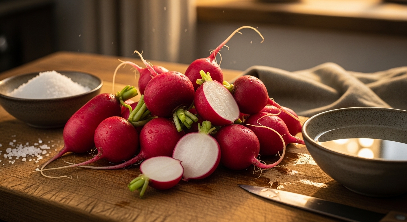 나무 도마 위 겨울무와 천일염 및 생수가 있는 아늑한 부엌