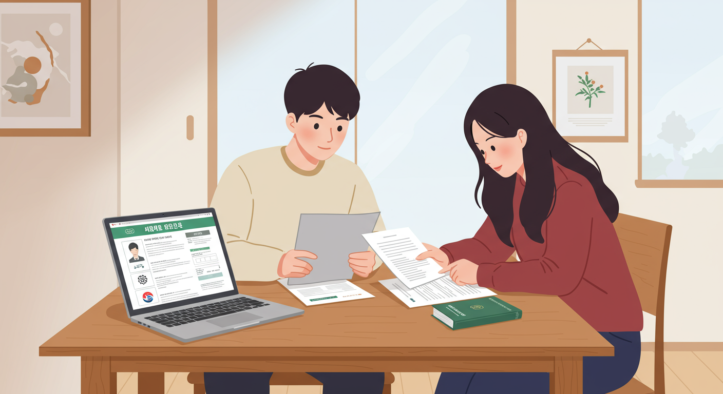 부부가 가정에서 정부 웹사이트를 통해 빚탕감 신청 서류를 검토하는 장면