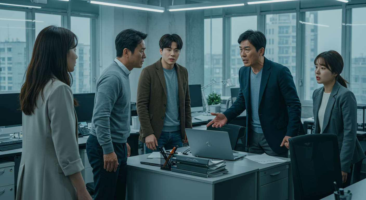 현대적인 사무실에서 직원들이 오해로 인해 긴장된 토론을 벌이는 모습