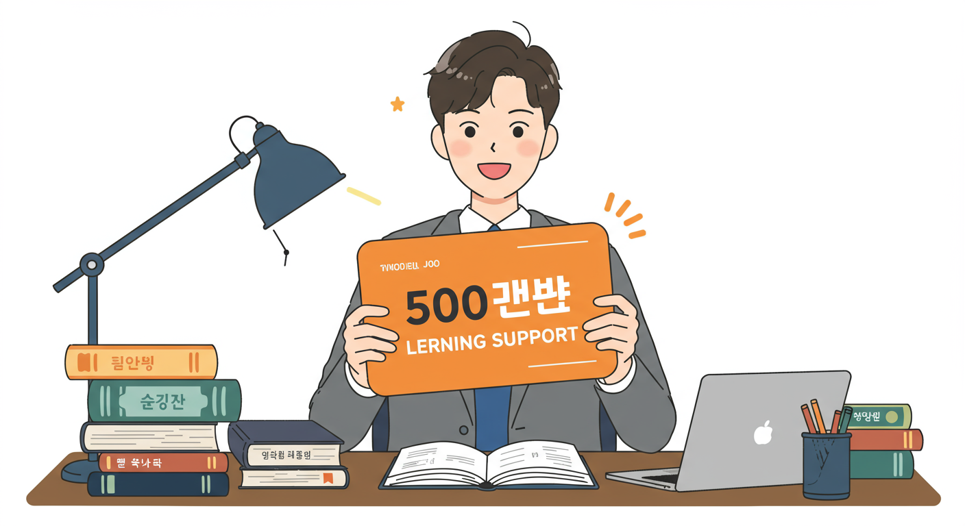 현대 한국 직장인이 '500만원 지원'이라고 적힌 큰 배움카드를 들고 있는 모습