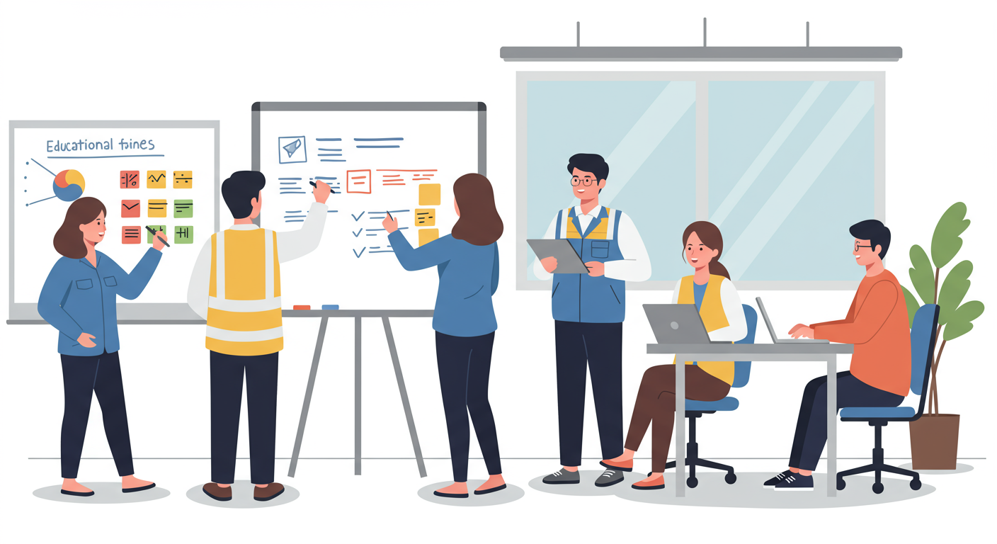 다양한 고용 형태의 한국 근로자들이 사무실에서 교육 기회에 대해 논의하는 장면