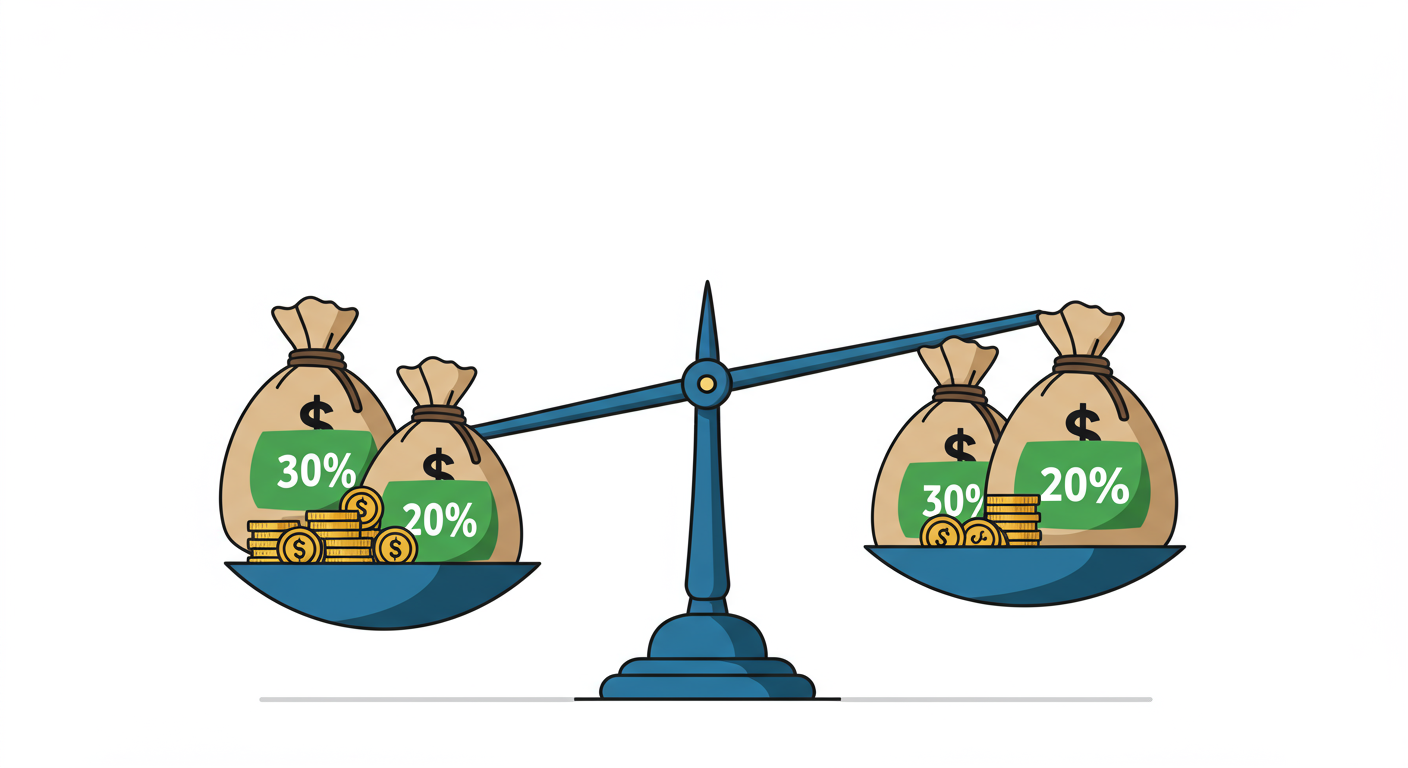 다양한 비율로 표시된 돈주머니가 놓여있는 저울 이미지